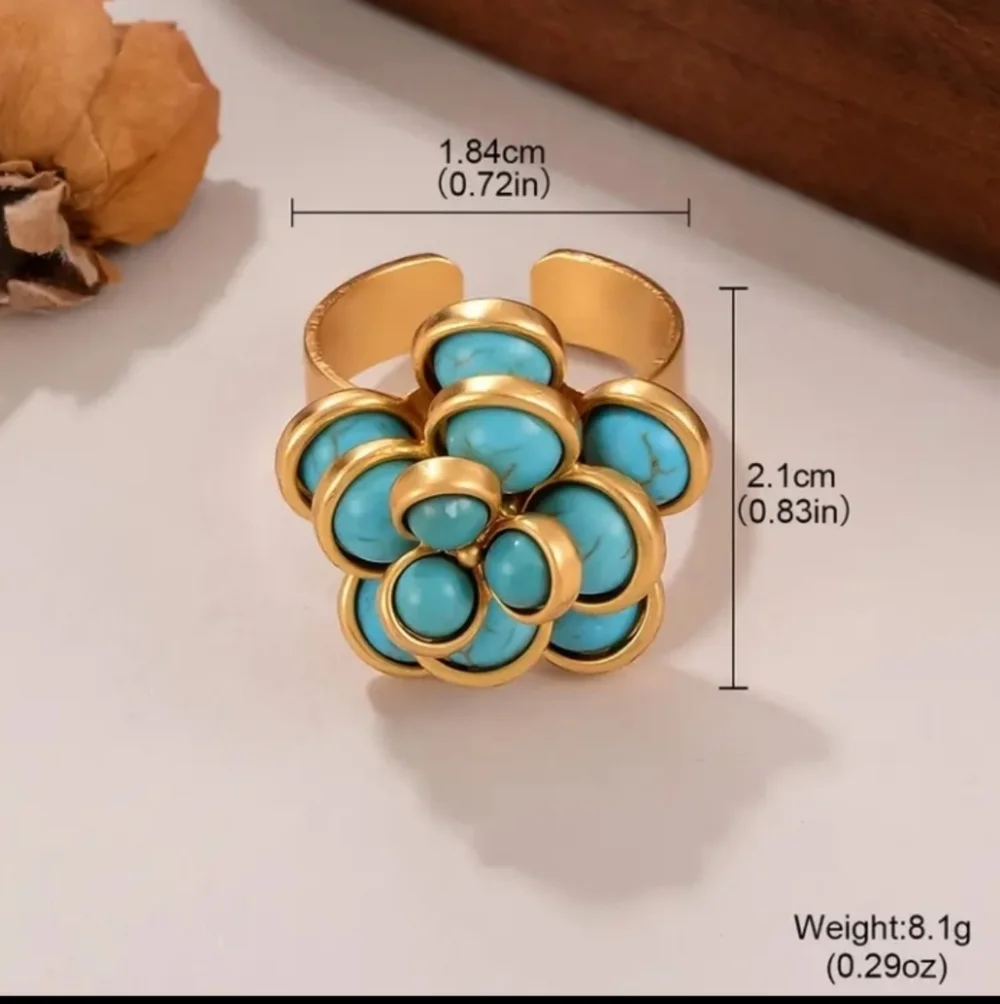 Elegant 18k Gold Plated and Turquoise Flower Cluster Adjustable Ring